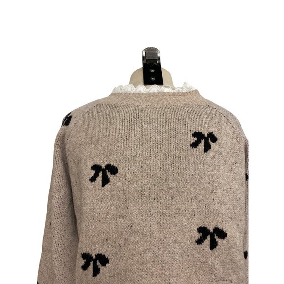 Shein Womens Beige Sweater With Black Bow Pattern & Decorative Buttons - Picture 5 of 7